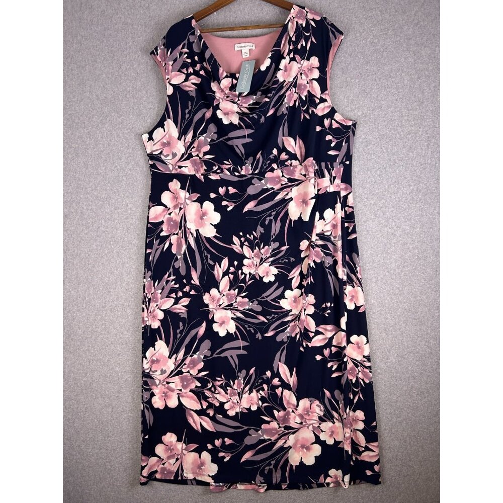 Coldwater Creek Maxi Dress Women 24W Navy Pink Floral Shift Stretch Cocktail NWT